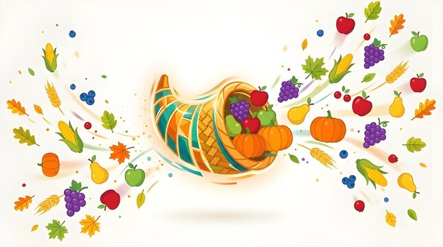 Thanksgiving cornucopia horn of plenty overflowing with autumn harvest fruits and vegetables on a white background