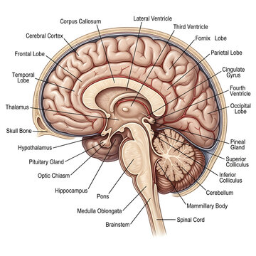 Sagittal cross-section of the human brain anatomy diagram with frontal lobe, parietal lobe
