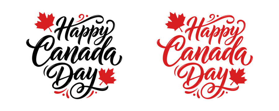 Happy Canada Day Script Typography Lettering with Red Maple Leaves Vector