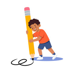 Cute Black boy holding giant pencil writing, back to school flat vector illustration