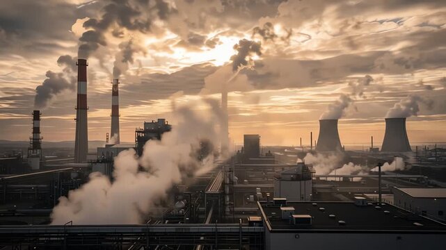 Industrial refinery and factory chimneys releasing smoke at sunset with dramatic clouds and glowing skyline background
