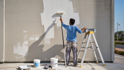 Fresh White Coat ​Wall Painting Process ​Exterior Wall Renovation ​Worker with Paint Roller ​Sunny Day Renovation ​Painting the Facade ​Home Improvement Project ​Roller and Extension Pole © Jakub