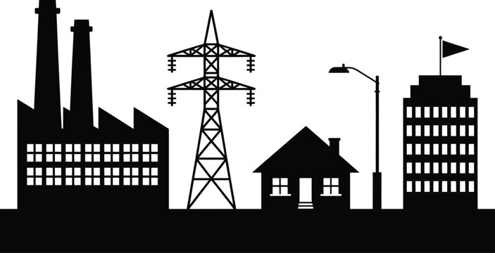 Industrial factory smokestacks power pylon house building street light silhouette minimalist