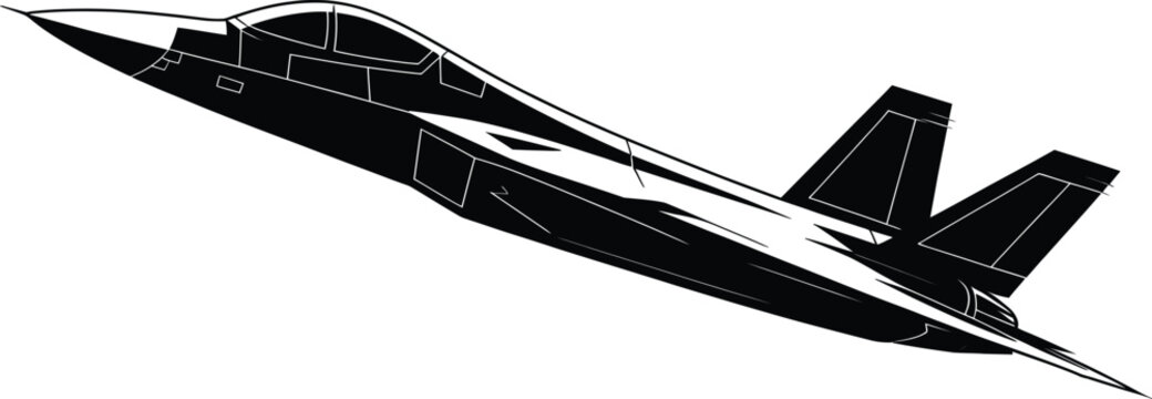 Modern fighter jet flying low in sharp angled perspective outline with combat military aircraft