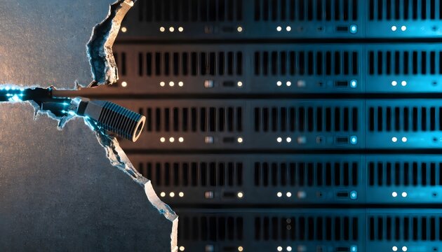 Close-up of cracked server rack with exposed cables and damaged hardware in data center