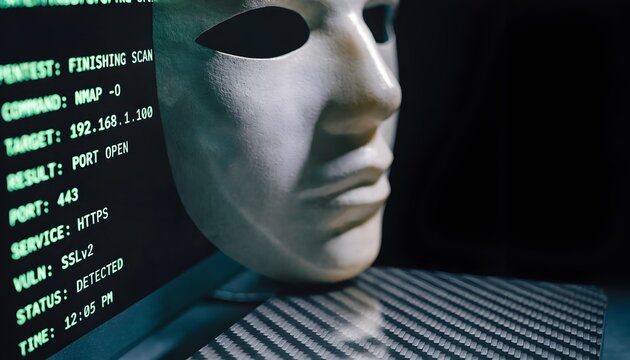 Ethical Hacker Analyzing Cybersecurity Data on Glowing Terminal Screen in Dark Room