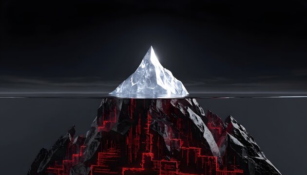 Futuristic digital mountain peak with glowing data streams in dark cyber landscape