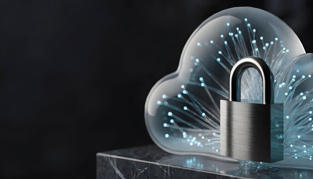 Digital security concept with glowing blue padlock and data streams on dark futuristic surface