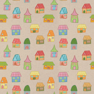 Cute colorful houses hand drawn seamless pattern background