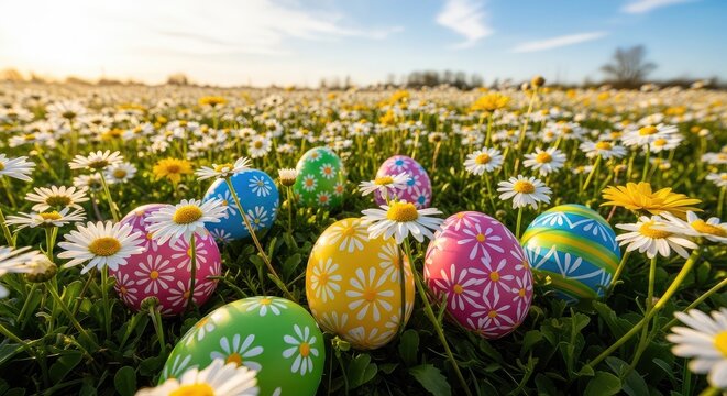 Easter eggs in a field flowers.
