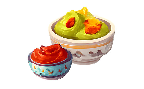 Glossy digital illustration of green guacamole and red salsa in ceramic bowls. Isolated object with transparent PNG background, no background. Perfect for Mexican menus, packaging.