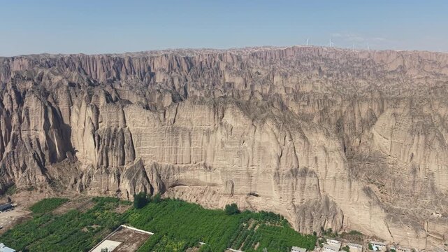 Aerial view of the magnificent canyons and oases at Yellow River Stone Forest Scenic Area, Baiyin, Gansu
