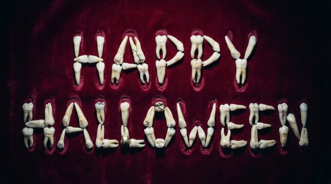 Creepy Tooth Letters Spelling Happy Halloween on Dark Red Fabric