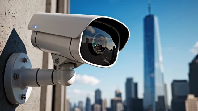 Modern white outdoor security CCTV camera mounted on a textured concrete wall with a panoramic view of a busy city skyline including skyscrapers under a sunny blue sky.