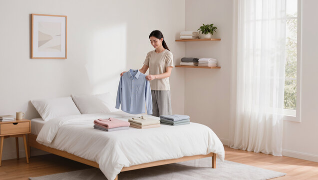 Woman standing beside a made bed.