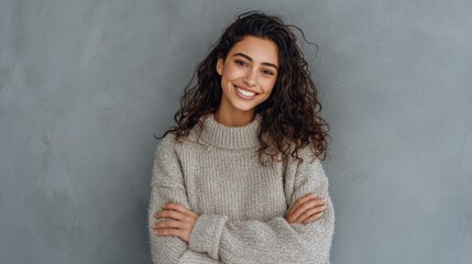 Obraz premium Portrait of a young latin woman with pleasant smile and crossed arms isolated on grey wall with copy space. Beautiful girl with folded arms looking at camera against grey wall. Cheerful hispanic woman