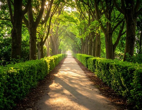 Serene tree lined pathway with hedges.