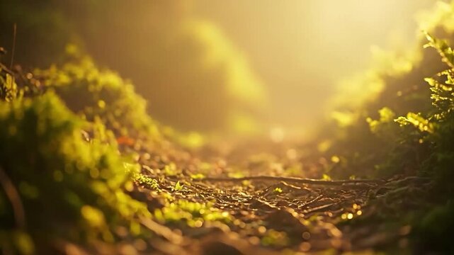 Macro forest floor moss ground level view with golden hour sunlight, serene nature background for wellness and mindfulness concepts, detailed woodland texture