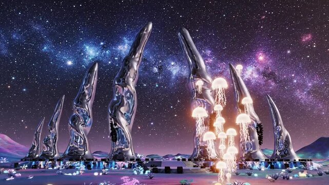 Fantasy Alien Landscape Glowing Crystal Towers Starry Sky
