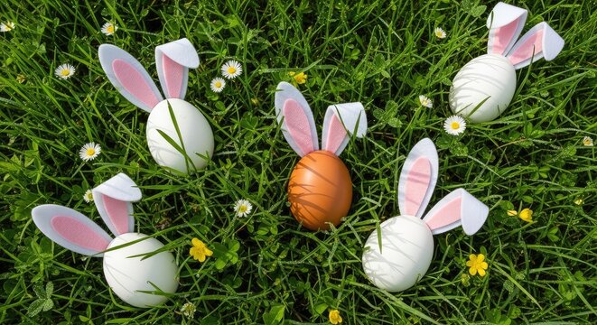 Easter eggs with bunny ears in grass.