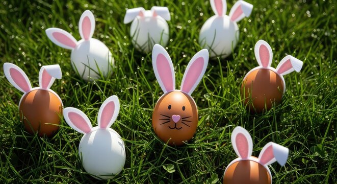 Easter eggs with bunny ears on grass.