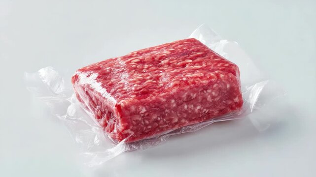 Close-up of packaged raw ground beef meat cubes on white surface