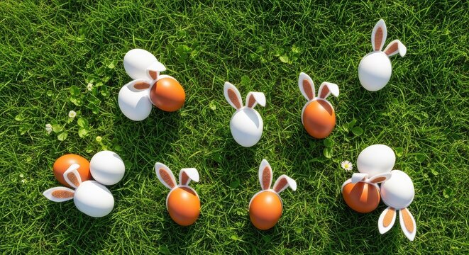 Easter eggs with bunny ears on grass.