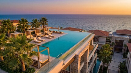 Fototapeta premium Stunning sunset over luxurious resort with infinity pool overlooking ocean on tropical vacation.