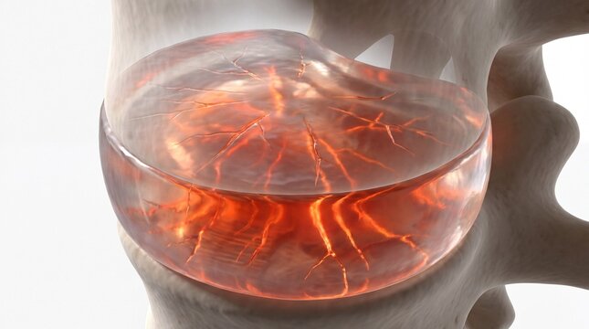Medical illustration of a severely herniated spinal disc with radiating pain and cracks.