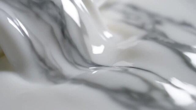 Milk flows in a smooth and creamy stream creating elegant abstract patterns on the white surface.