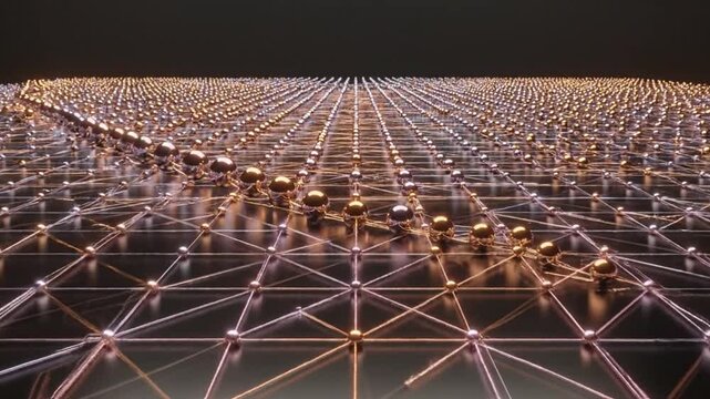 Grid of metallic spheres connects with light lines to form a complex digital network structure.