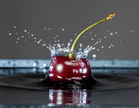 Red sweet cherry falling into water with a splash and droplets