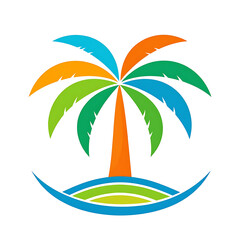 Obraz premium Colorful palm tree on abstract tropical island waves, vibrant green, orange, blue, and teal leaves, summer vacation symbol, beach resort logo