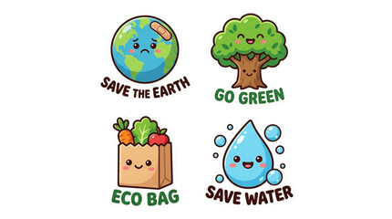 Fototapeta premium Cute Eco Friendly Icons Set with Earth Tree Paper Bag and Water Drop for Environmental Awareness and Sustainable Living Projects