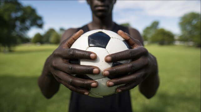 Person with dark skin holding black and white soccer ball in grassy outdoor field with blurred trees and soft natural light. Sports lifestyle concept with focused athletic equipment.
