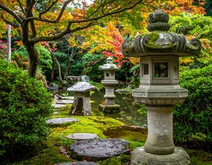 Fototapeta premium Japanese garden stone lanterns mossy pathway.