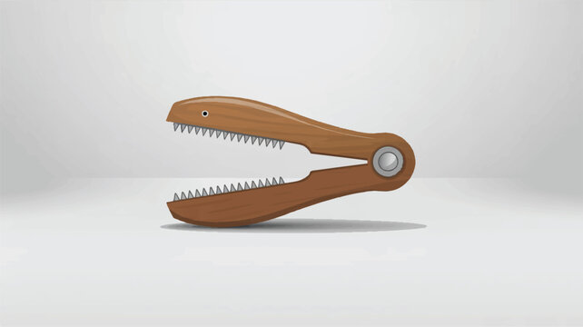 Brown wooden nutcracker in the shape of a dinosaur head with sharp teeth on a light gray background