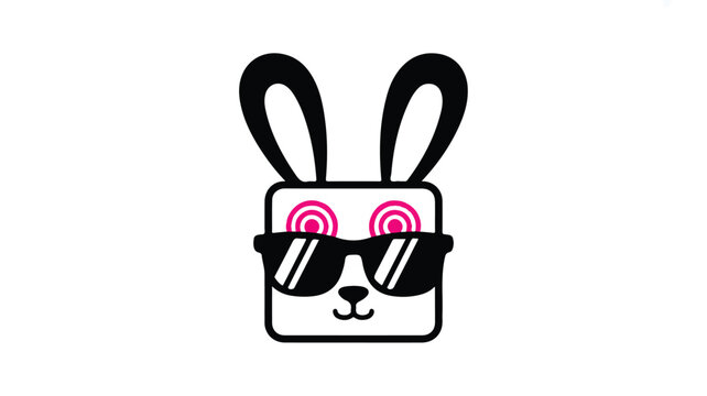 Cartoon rabbit face with sunglasses and pink eyes on white background