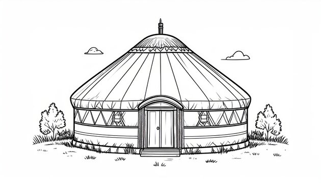 Circular nomadic ger tent illustration for coloring.