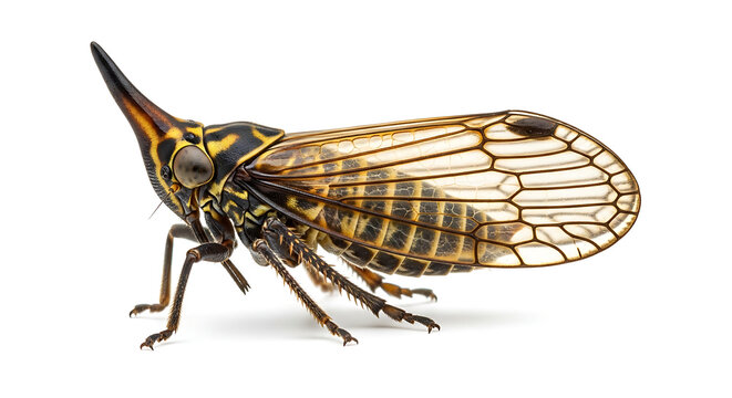 Detailed close-up of a unique horned treehopper insect, vibrant and isolated on a pure white studio background