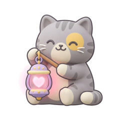 Fototapeta premium Cute grey tabby kitten holding a glowing heart lantern