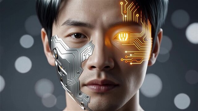 A high quality close up portrait of a male cyborg face looking straight with a pulsing bright neon golden mechanical eye