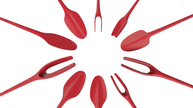 Red plastic utensils arranged in a circle on white background