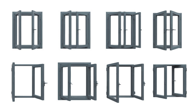 set of gray window frames in various open positions