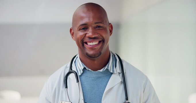 Smile, mask and face of doctor in hospital for virus protection, outbreak and virologist. Healthcare advisor, infectious disease expert and medical with black man in clinic for ppe and about us