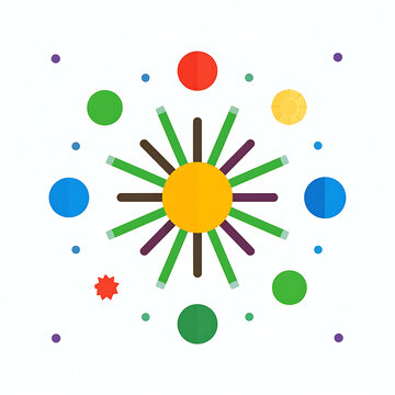 Abstract radial explosion of colorful dots and lines, festive celebration motif, stylized sunburst graphic