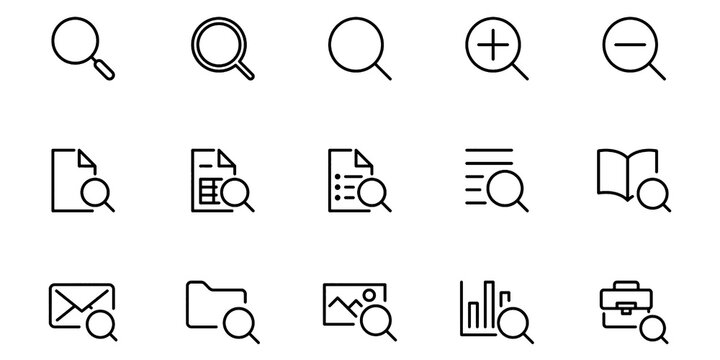 Search and Discovery Line Icons Set. Magnifying Glass, Zoom, Inspection, Research, Analysis, Web Search and Data Investigation Vector Illustration Collection.