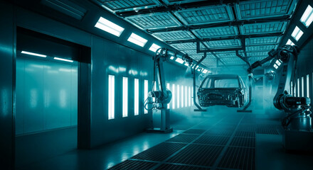Obraz premium Car body painting by robotic arms in modern industrial factory