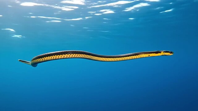 Yellow-bellied sea snake swimming in deep blue ocean water, Pelamis platura marine reptile isolated in clear tropical sea, wildlife photography concept