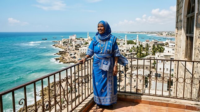 Elderly Somali woman in traditional blue dress on a coastal balcony